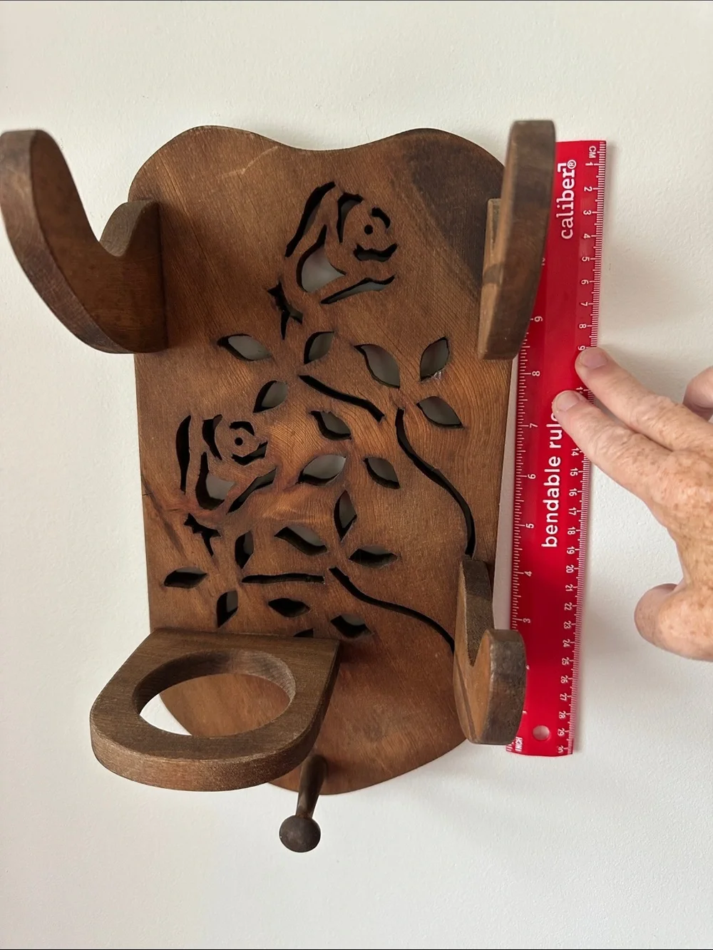 Wooden Wall Hook Shelf with Rose Cutout - Brown